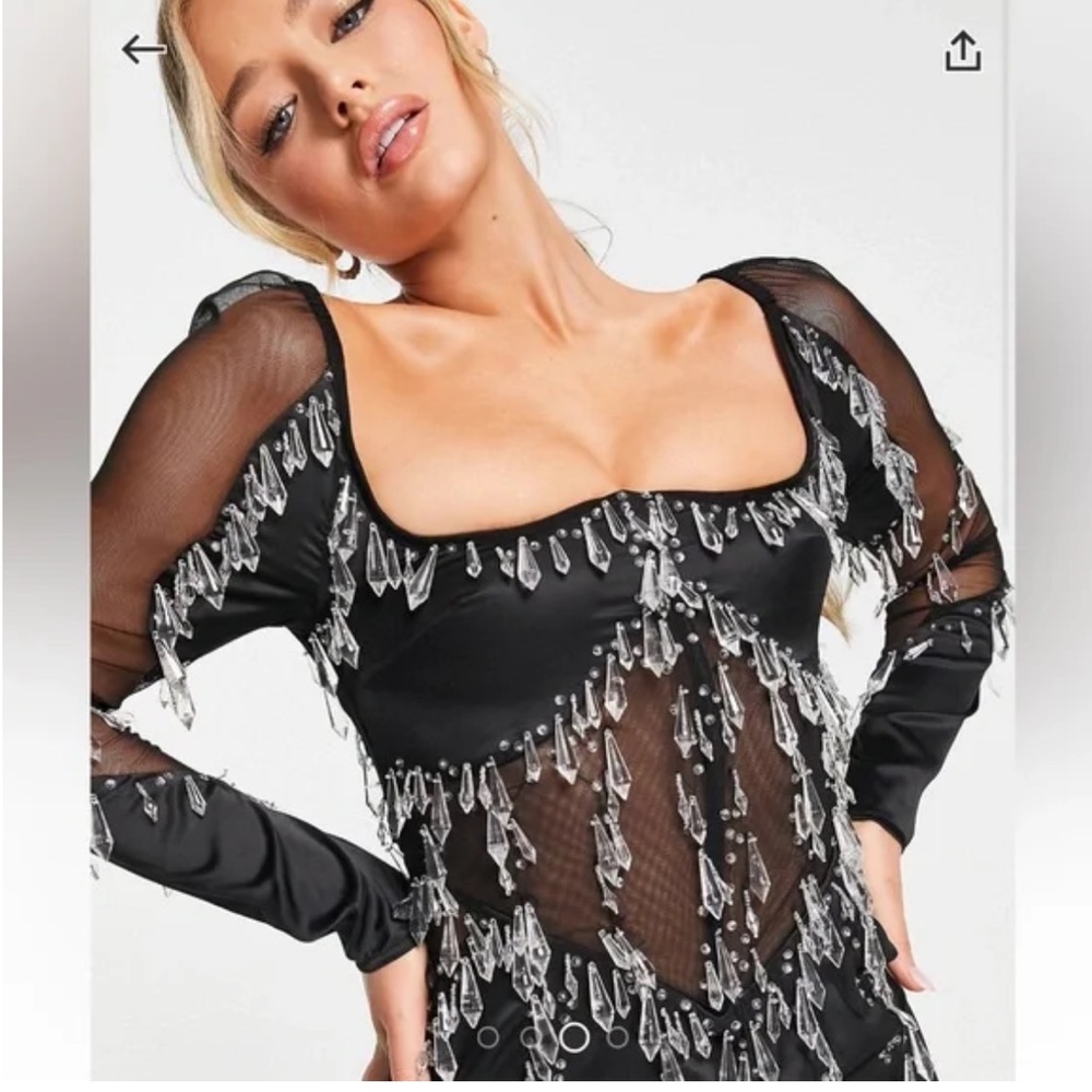 ASOS- long sleeve teardrop embellished dress with mesh panels in black size US 6 - Picture 4 of 8